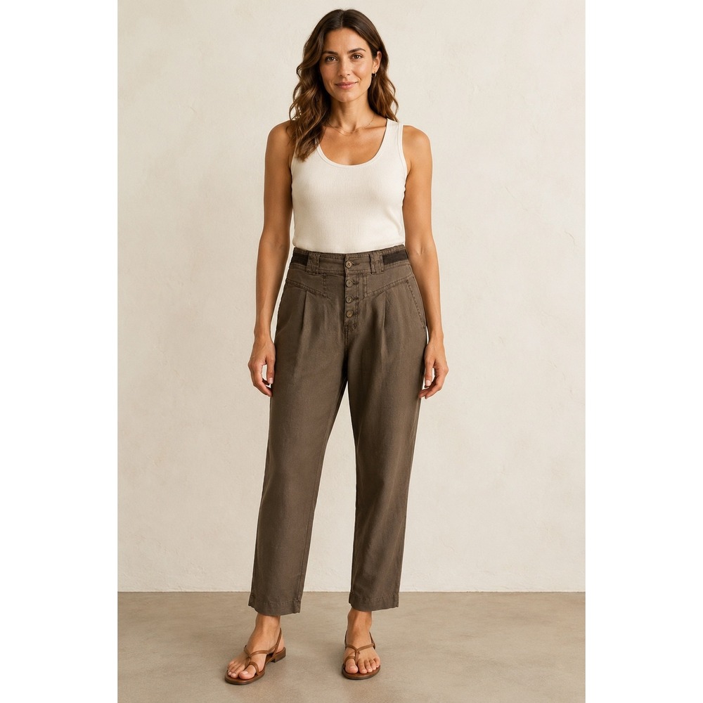 Sundance Brown Linen Tencel Button Fly Pleated Trousers Pants 6P High Rise